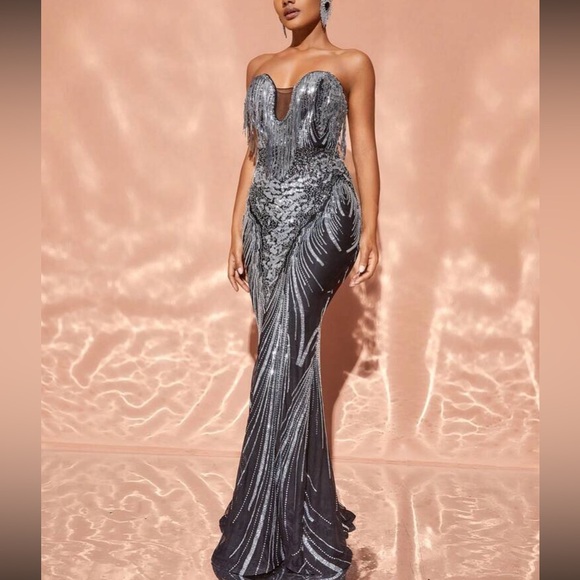 Luxe champagne mermaid hem party formal evening wedding gown dress - Picture 6 of 6